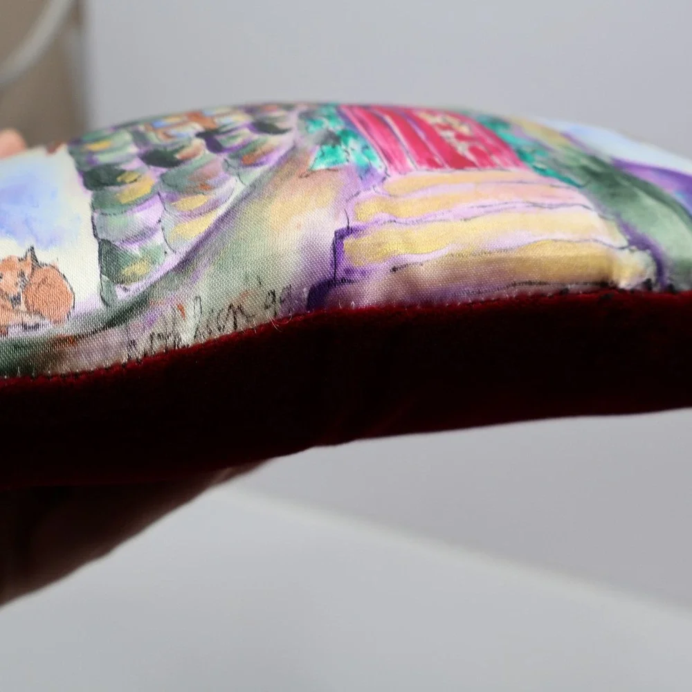 VTG 90s Hand Painted Silk Gnome Treehouse Small Pillow Red Velvet Back 9